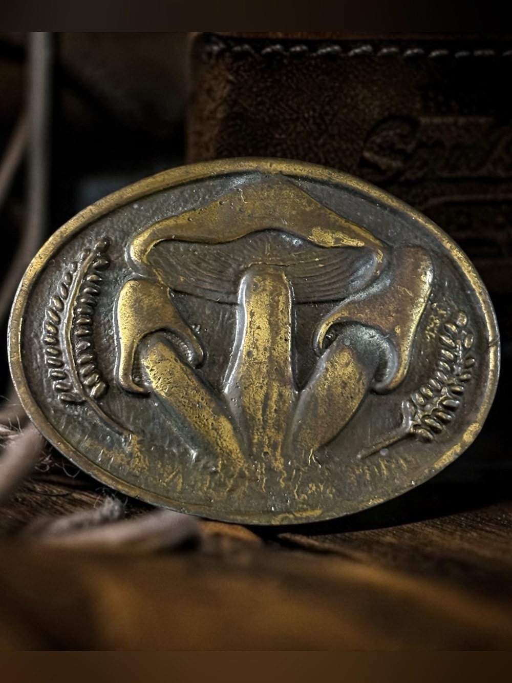 Tiffany Studio Vintage Brass Mushroom Belt Buckle Stamped and Numbered